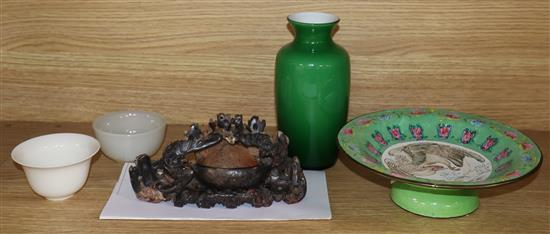 A Chinese Canton famille rose pedestal stem bowl, late Qing dynasty dia 19cm, three Chinese Peking glass vases and two bowls,